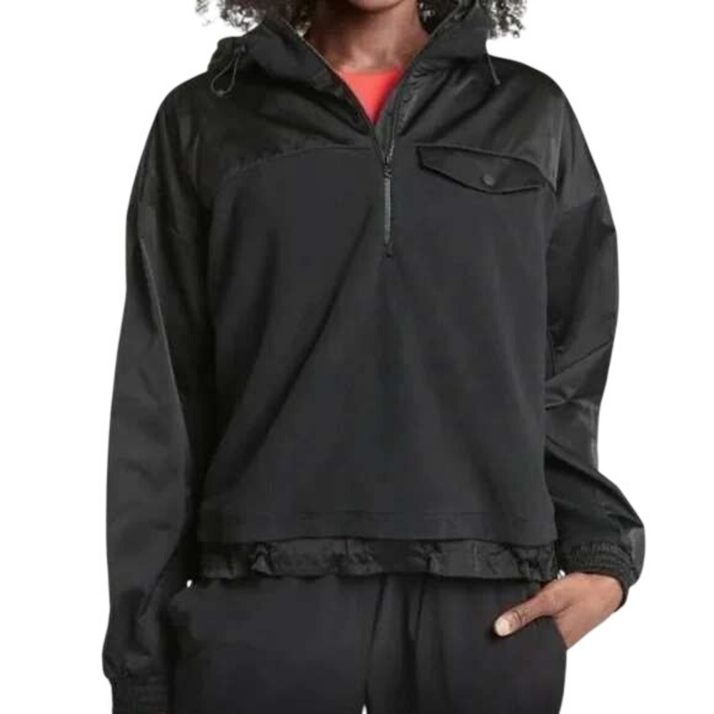 Athleta Zion Microfleece Half Zip Hoodie Size L Black Fleece Cinch Waist Hood